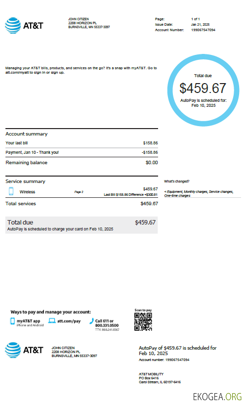 USA AT&T utility bill template in Word and PDF formats, version 3
